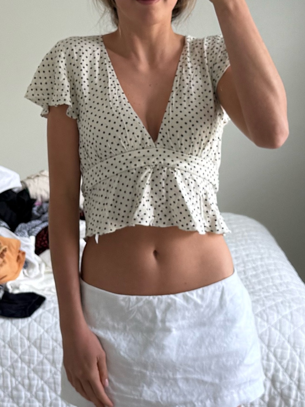 Cream Polka Dot Tie-Front Crop Top